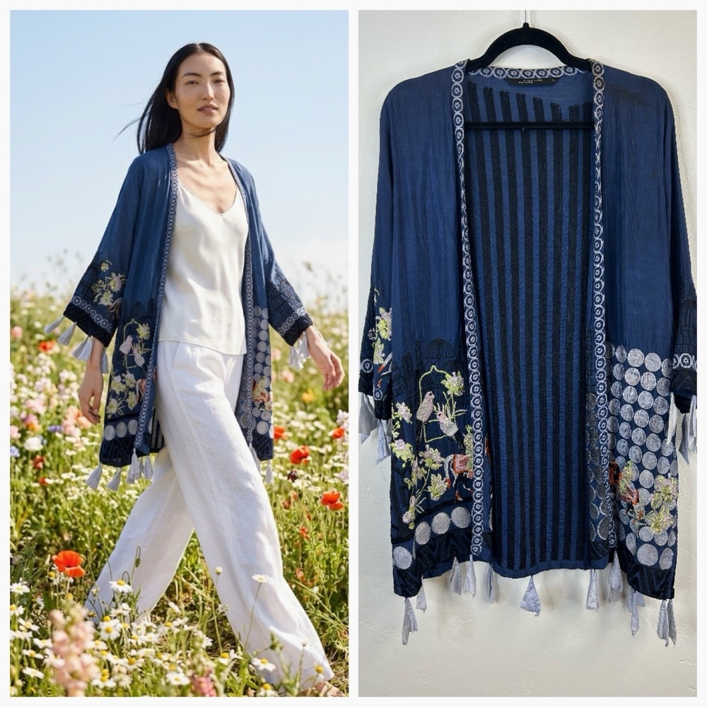 Anum Jung Embroidered Vintage Kimono Bird Pakistan Robe Size XL Navy Blue Asian